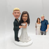 Fully Custom Wedding Cake Topper - Elegant Lace Gown & Dark Suit