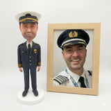 Custom Airline Pilot Bobblehead - Captain in Dress Uniform with White Hat - Personalized Aviation & Retirement Gift
