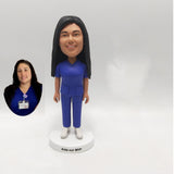 Custom Female Nurse Bobblehead - Woman in Blue Scrubs - Personalized Medical Professional Appreciation Gift & MVP Award