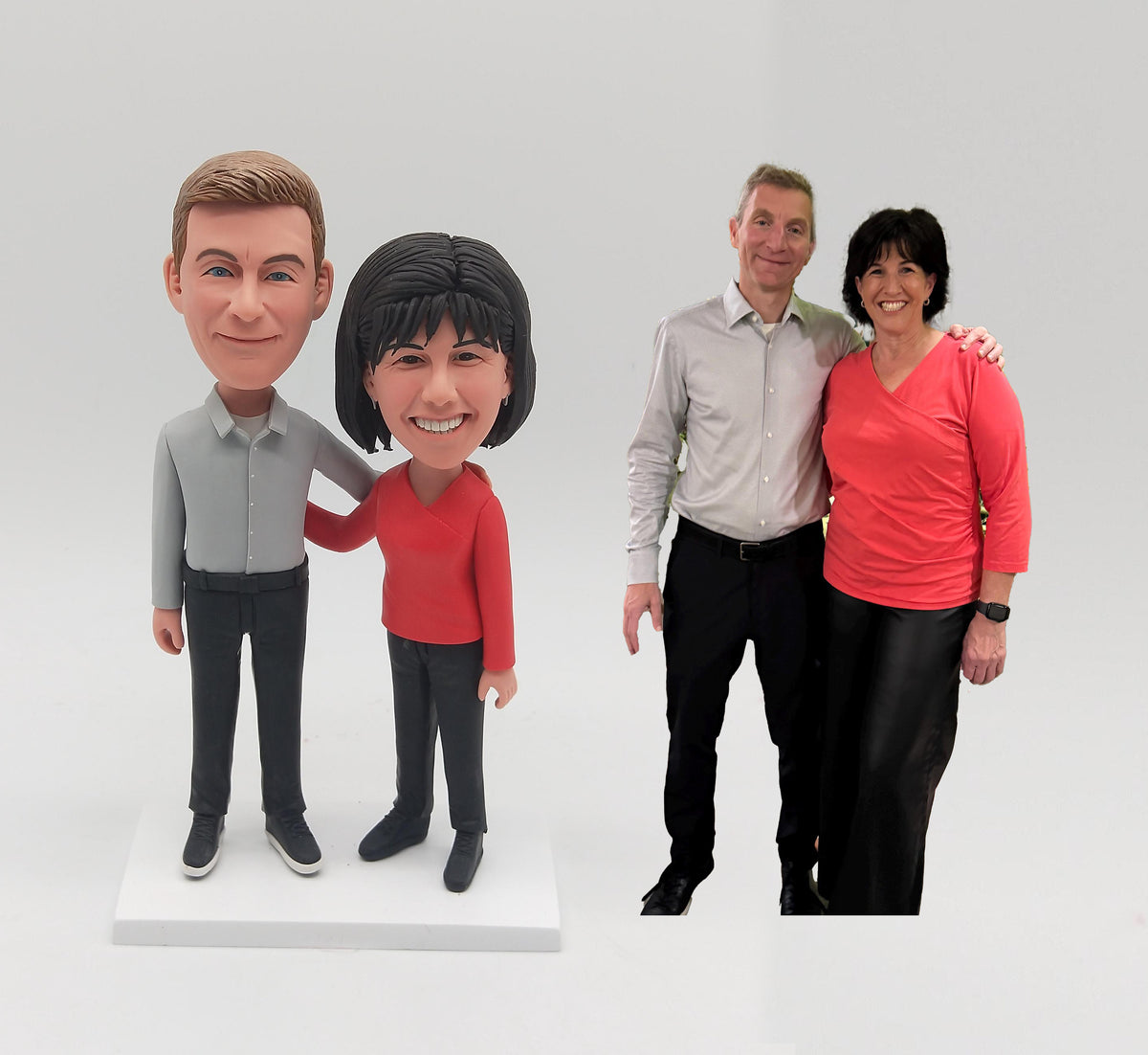 Fully Custom Couple Bobblehead - Smart Casual Style (Red Blouse & Grey Shirt)