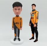 Fully Custom Race Car Driver Bobblehead - F1 Style Racing Suit (Orange & Black