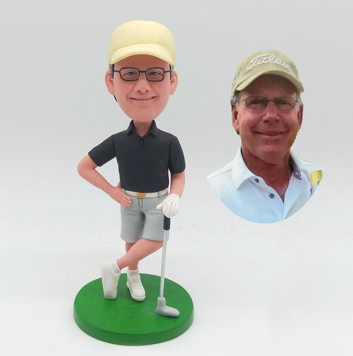 Fully Custom Male Golfer Bobblehead - Yellow Cap & Black Polo
