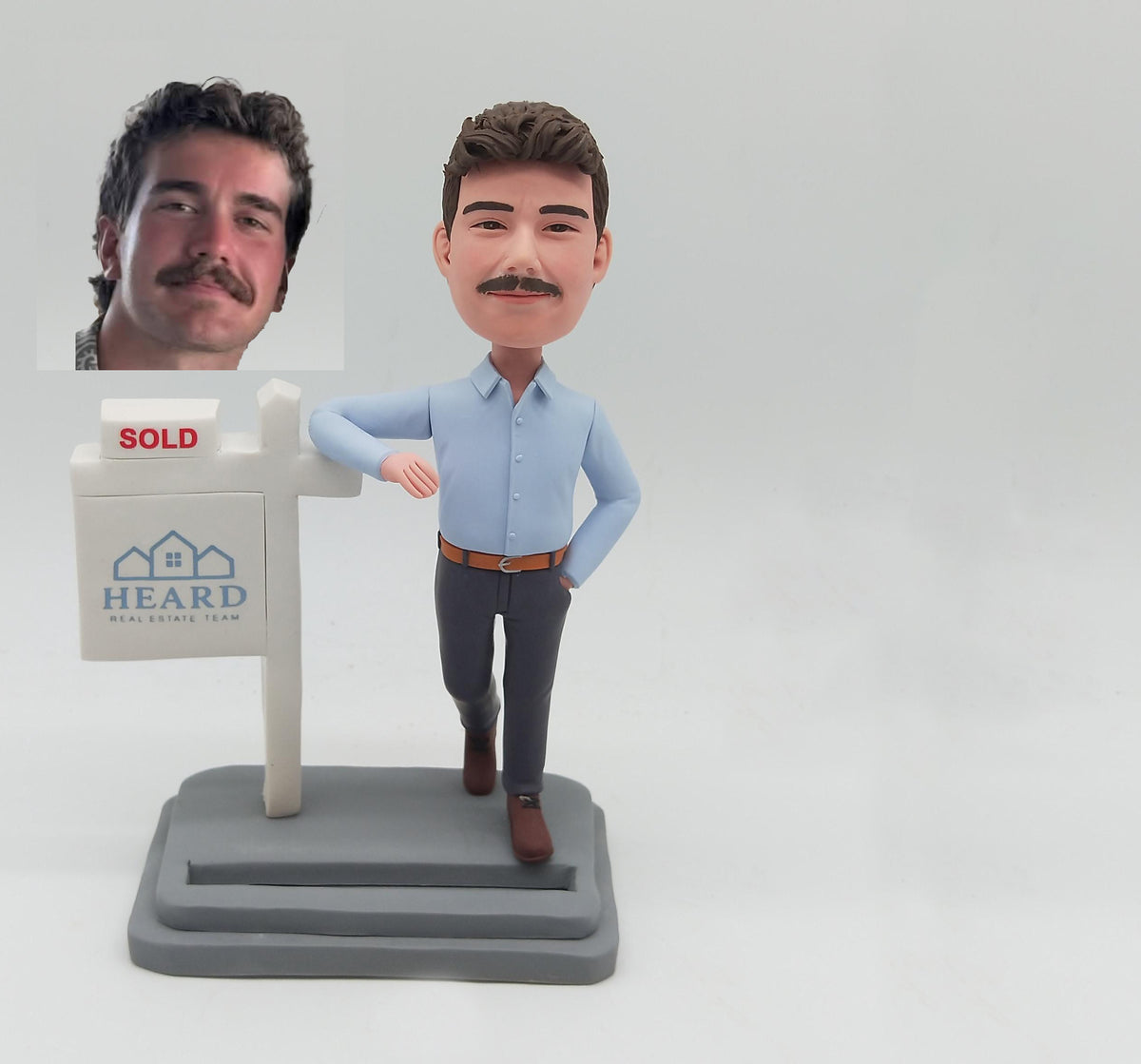 Custom Real Estate Agent Bobblehead - Realtor Leaning on Sold Sign - Personalized Closing Gift & Business Card Holder