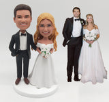 Fully Custom Wedding Cake Topper - Classic Bride & Groom (Black Tuxedo & Off-Shoulder Gown)
