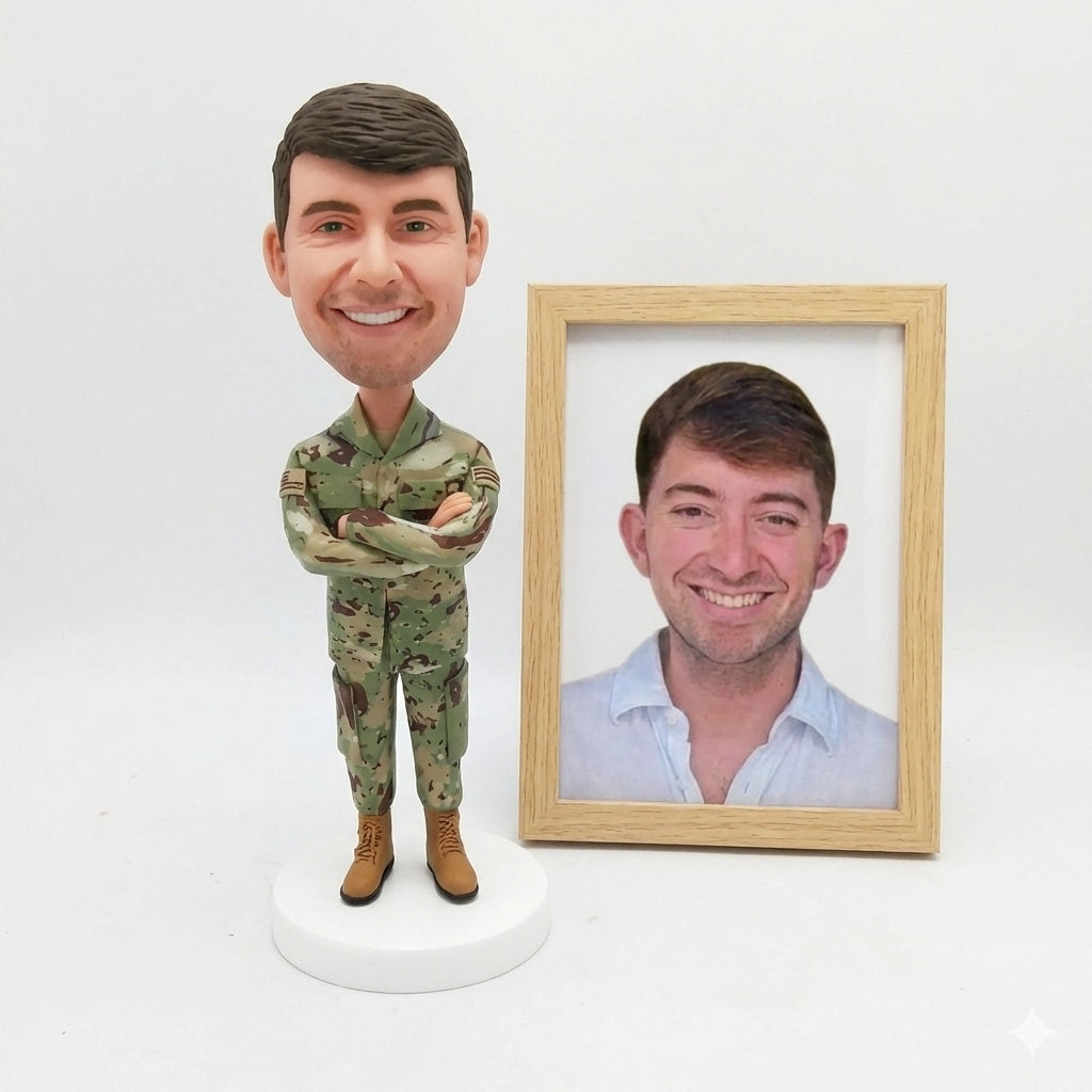 Custom Soldier Bobblehead - Man in Camouflage Uniform Arms Crossed - Personalized Military Deployment Gift