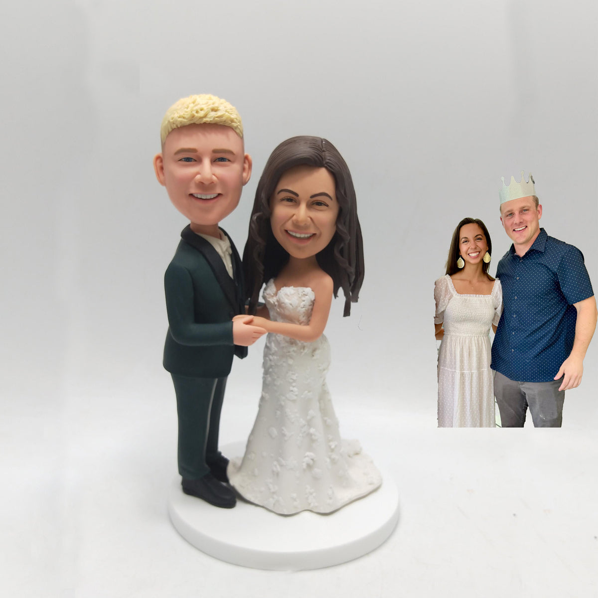 Fully Custom Wedding Cake Topper - Elegant Lace Gown & Dark Suit