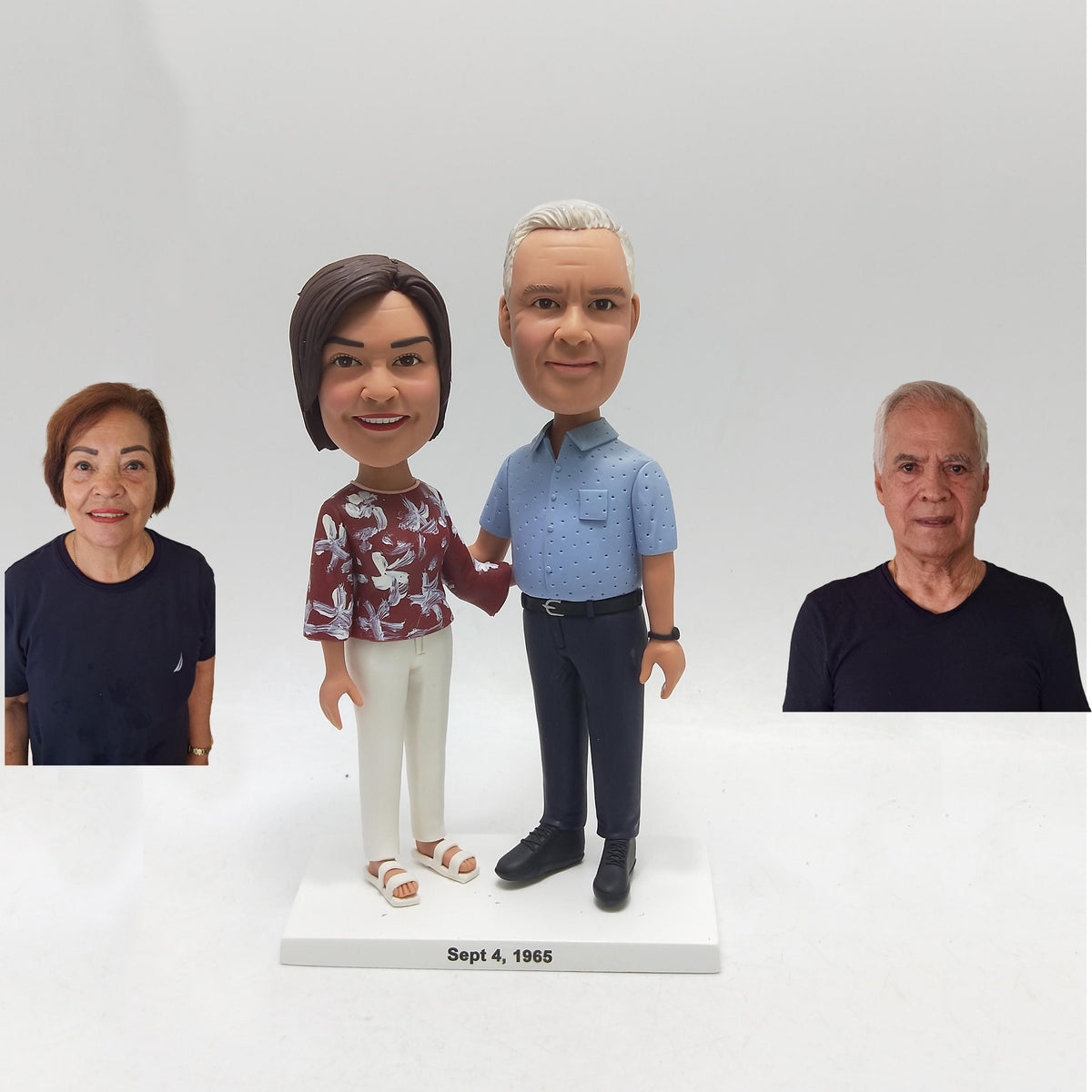 Fully Custom Anniversary Bobblehead - Date on Base (Floral Blouse & Blue Polo)