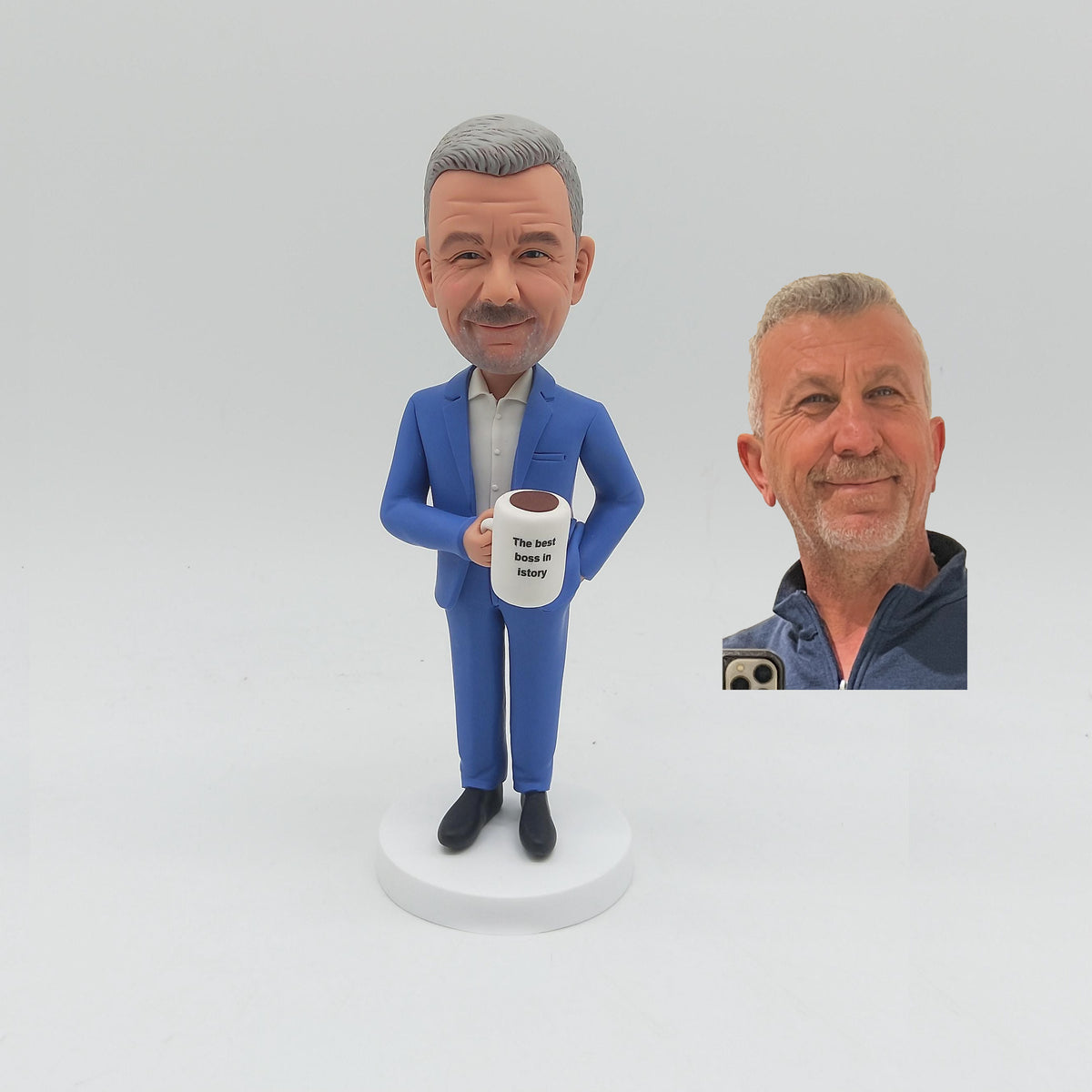 Fully Custom Boss Bobblehead - Blue Suit with "Best Boss" Coffee Mug