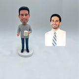 Fully Custom Male Bobblehead - Casual Grey Sweater & Jeans (Holding Coffee Mug
