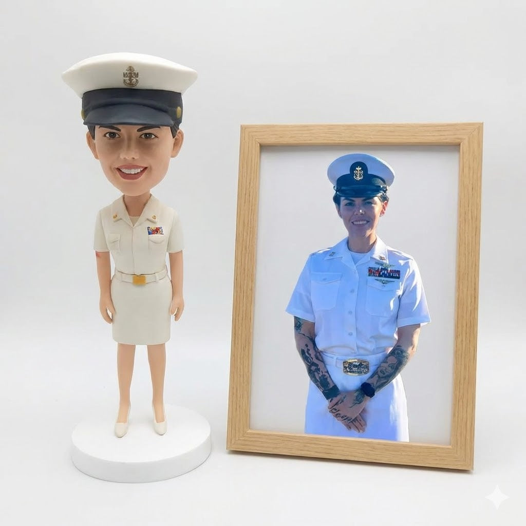 Custom Female US Navy Bobblehead - Woman in Summer White Uniform - Personalized Military Service & Retirement Gift