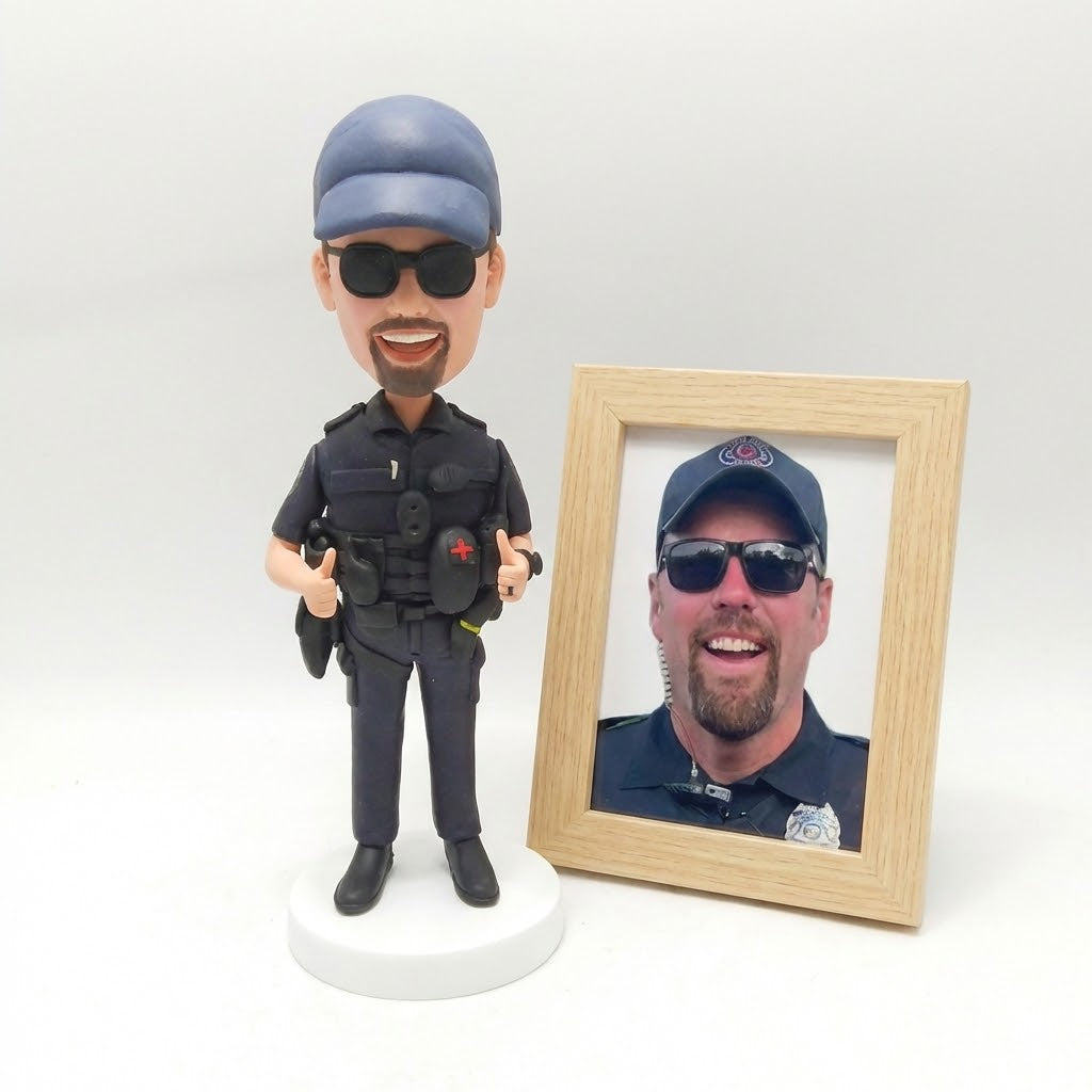 Custom Police Officer Bobblehead - Cop with Sunglasses & Cap Giving Thumbs Up - Personalized Law Enforcement Gift