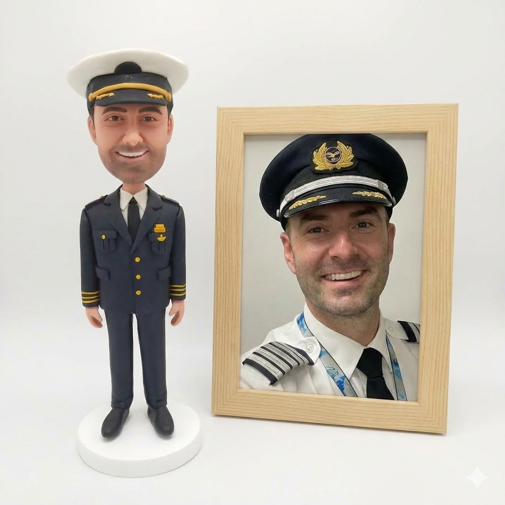 Custom Airline Pilot Bobblehead - Captain in Dress Uniform with White Hat - Personalized Aviation & Retirement Gift