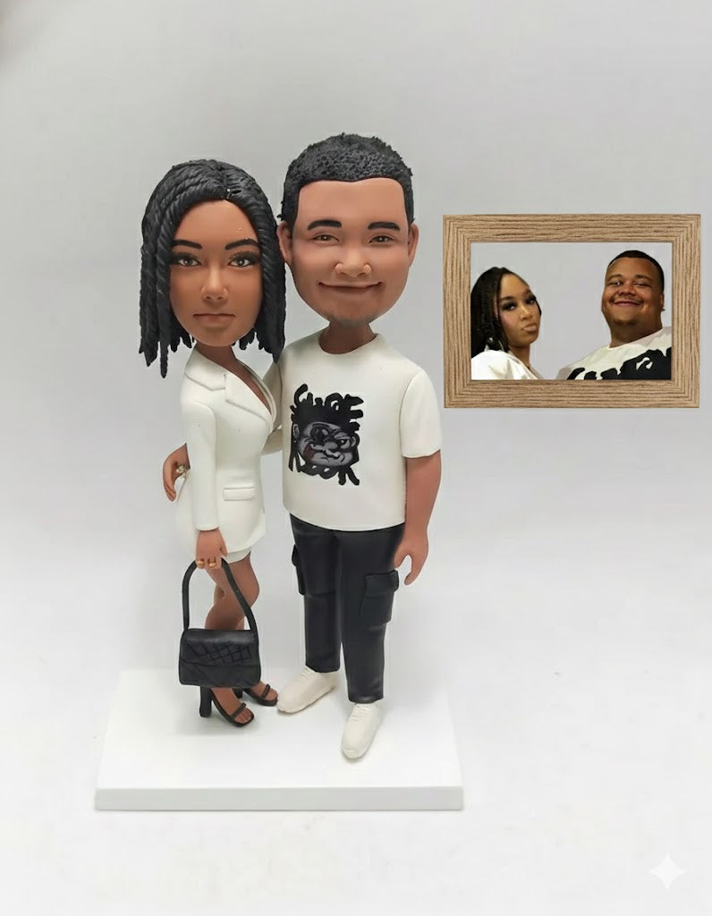 Custom Couple Bobbleheads from Photo - Personalized Handmade African American Figurine Gifts for Anniversary & Wedding