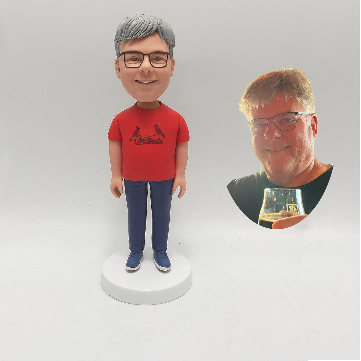 Fully Custom Baseball Fan Bobblehead - Red Team Shirt (Cardinals Style) & Glasses