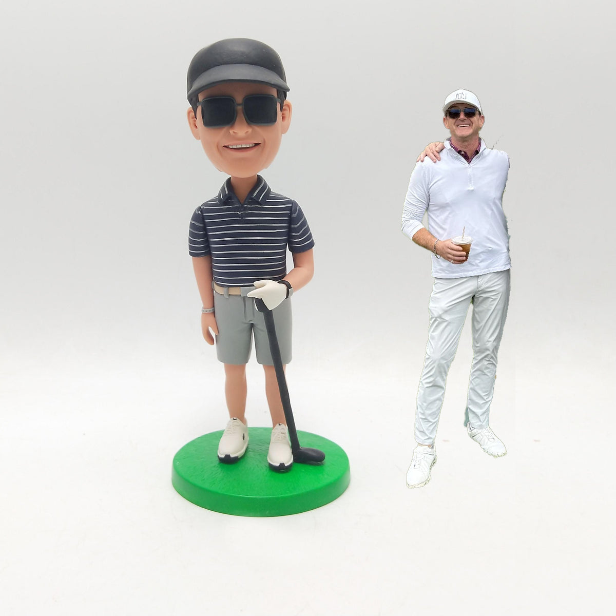 Fully Custom Golfer Bobblehead - Cool Style (Striped Navy Polo & Sunglasses