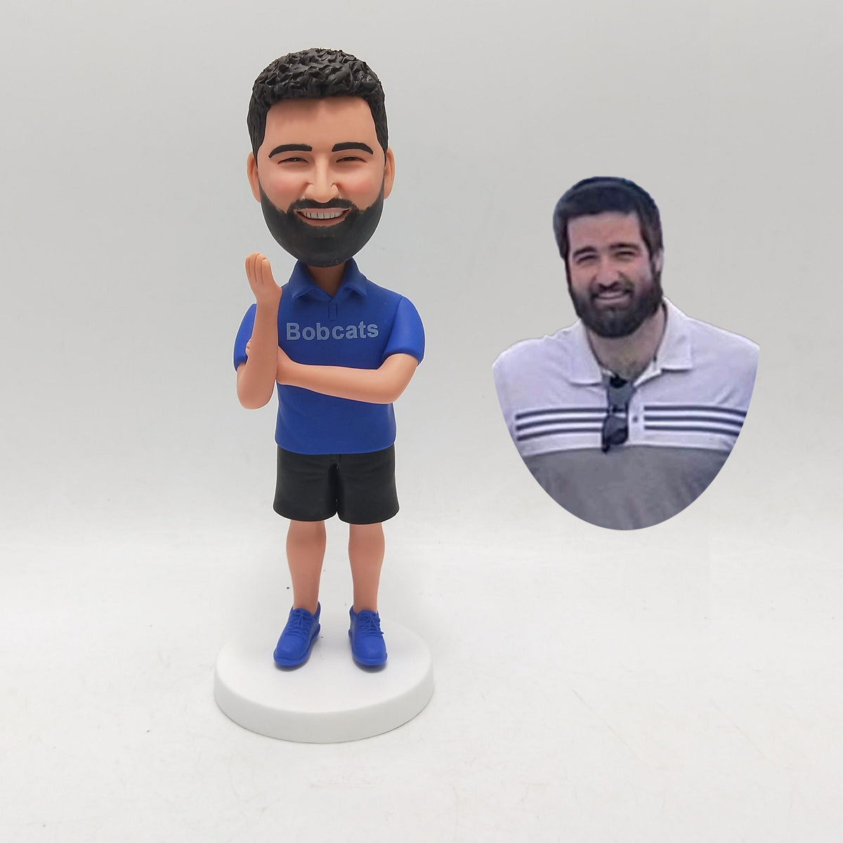 Fully Custom Team Spirit Bobblehead - Blue Polo with "Bobcats" Logo & Shorts