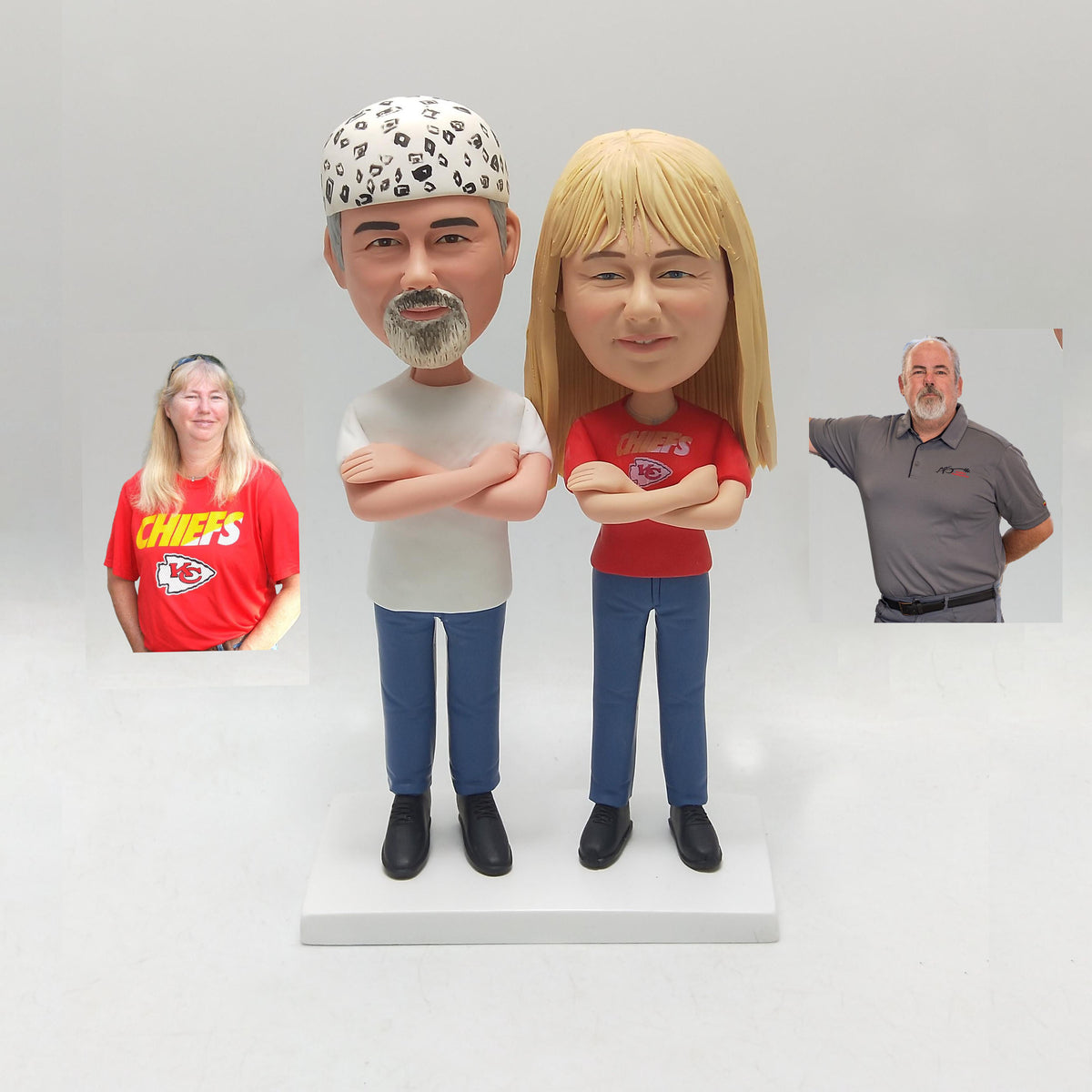 Custom Kansas City Chiefs Couple Bobblehead - Football Fans in Jersey & Bandana - Personalized Sports Gift