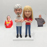 Custom Kansas City Chiefs Couple Bobblehead - Football Fans in Jersey & Bandana - Personalized Sports Gift