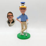 Custom Golfer Bobblehead - Man in Blue Polo with Funny Cartoon Hat - Personalized Golf Lover Gift